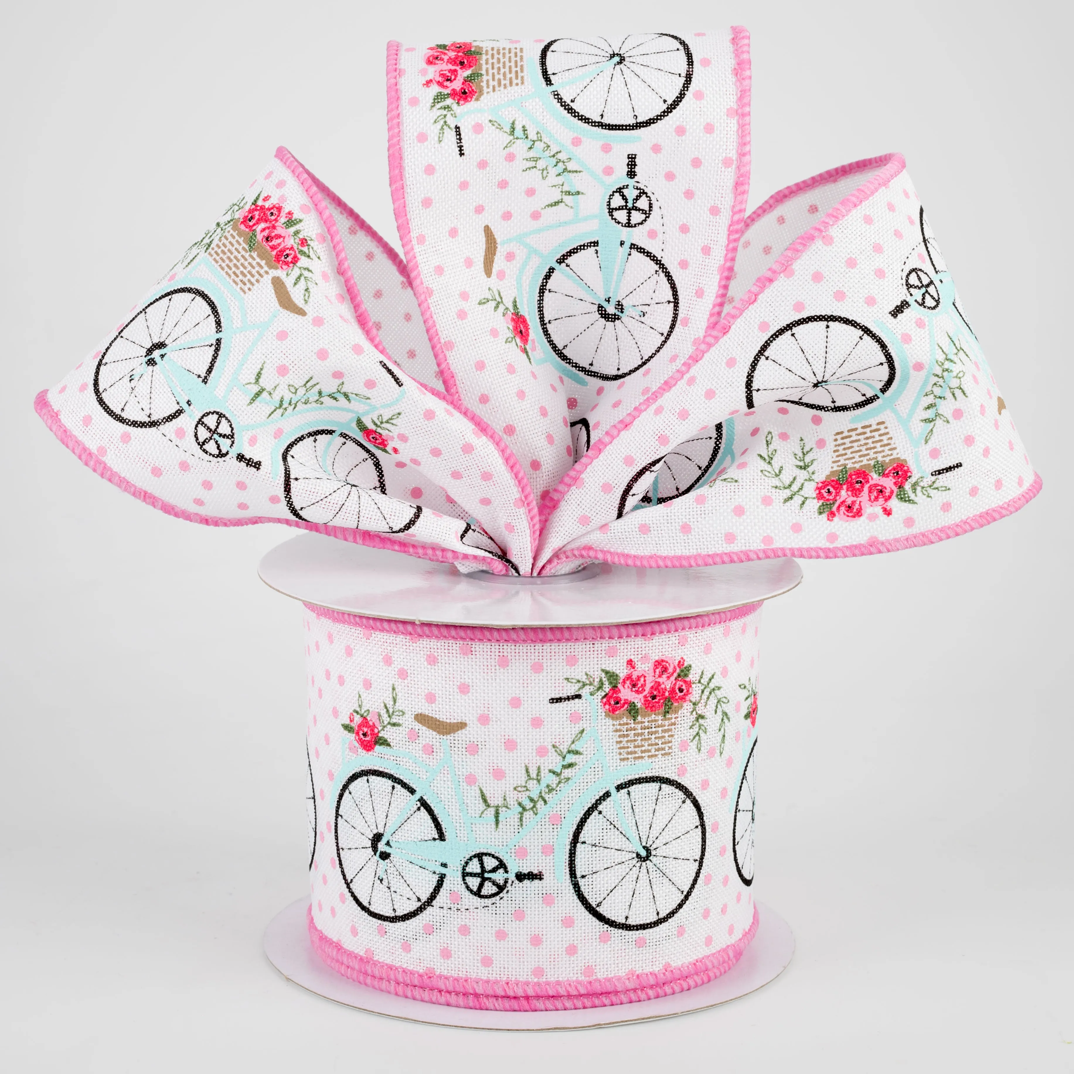 2.5" Bicycles & Blooms Ribbon: White (10 Yards)