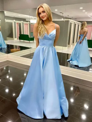 A Line V Neck Light Blue Prom Dresses, Light Blue V Neck Long Formal Evening Dresses