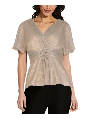 ADRIANNA PAPELL Womens Beige Stretch Metallic Twist Front Kimono Sleeve Surplice Neckline Evening Peplum Top