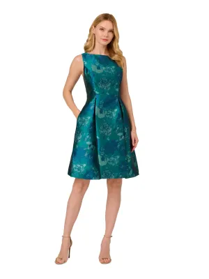 ADRIANNA PAPELL Womens Teal Pleated Zippered Pocketed Cutout Back Lined Sleeveless Boat Neck Above The Knee Wear To Work Fit   Flare Dress