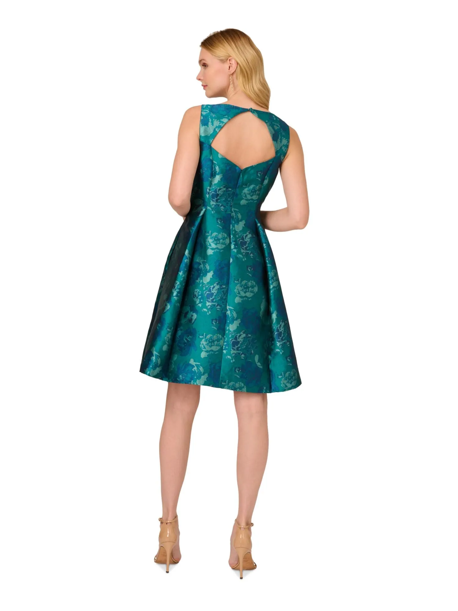 ADRIANNA PAPELL Womens Teal Pleated Zippered Pocketed Cutout Back Lined Sleeveless Boat Neck Above The Knee Wear To Work Fit   Flare Dress