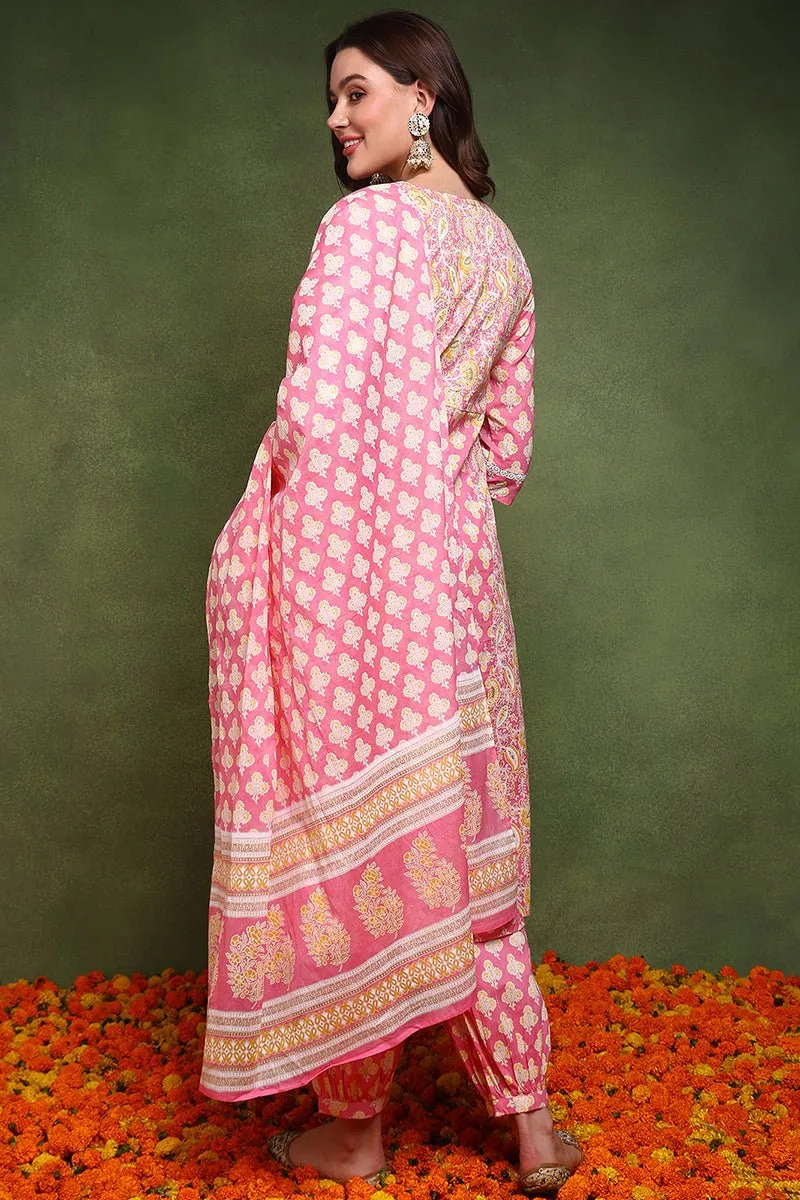 Ahika Pink Pure Cotton Ethnic Motifs Embroidered Anarkali Suit Set