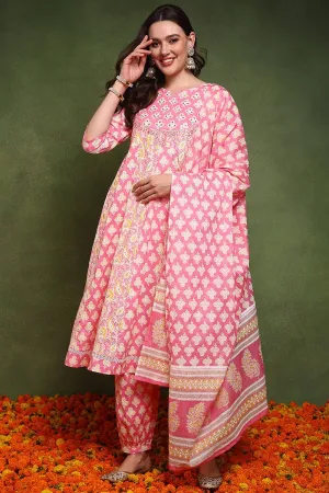 Ahika Pink Pure Cotton Ethnic Motifs Embroidered Anarkali Suit Set