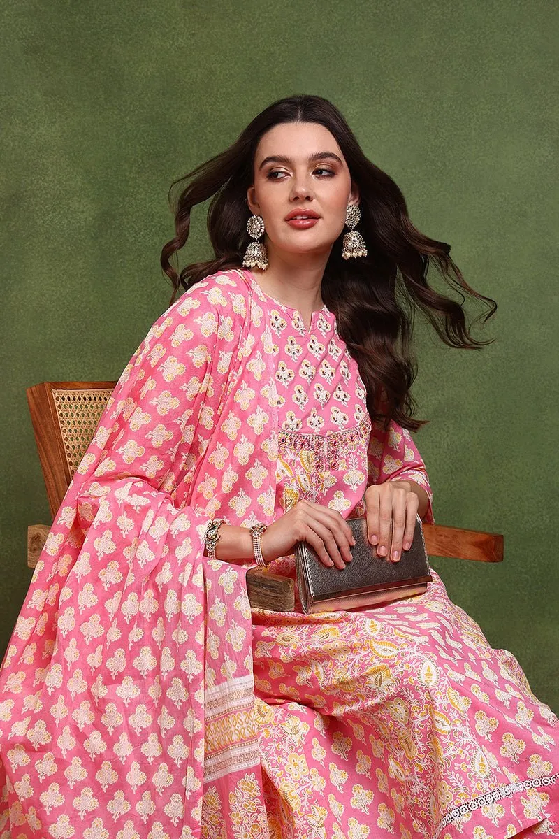 Ahika Pink Pure Cotton Ethnic Motifs Embroidered Anarkali Suit Set