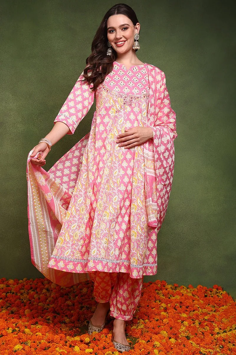 Ahika Pink Pure Cotton Ethnic Motifs Embroidered Anarkali Suit Set