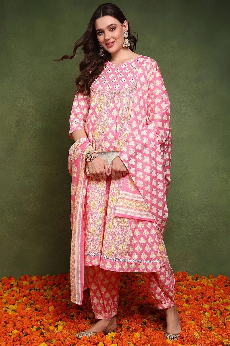 Ahika Pink Pure Cotton Ethnic Motifs Embroidered Anarkali Suit Set