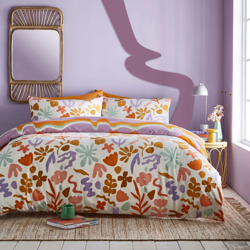 Amelie Printed Abstract Floral Duvet Cover Set Orange/Lilac