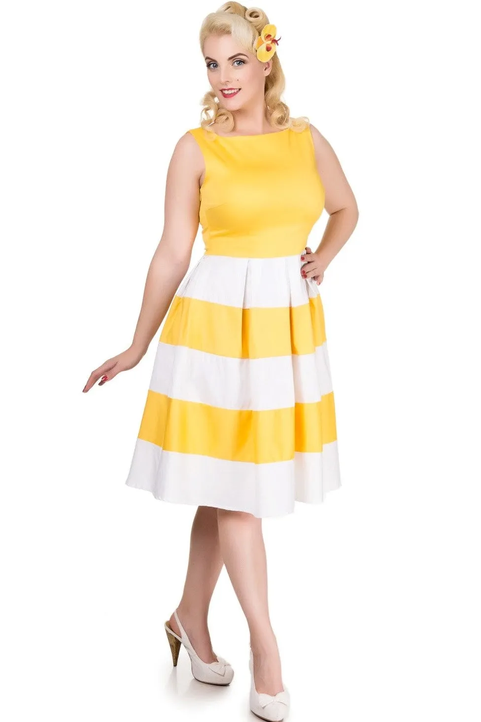 Anna White & Yellow Striped 50s Swing Dress