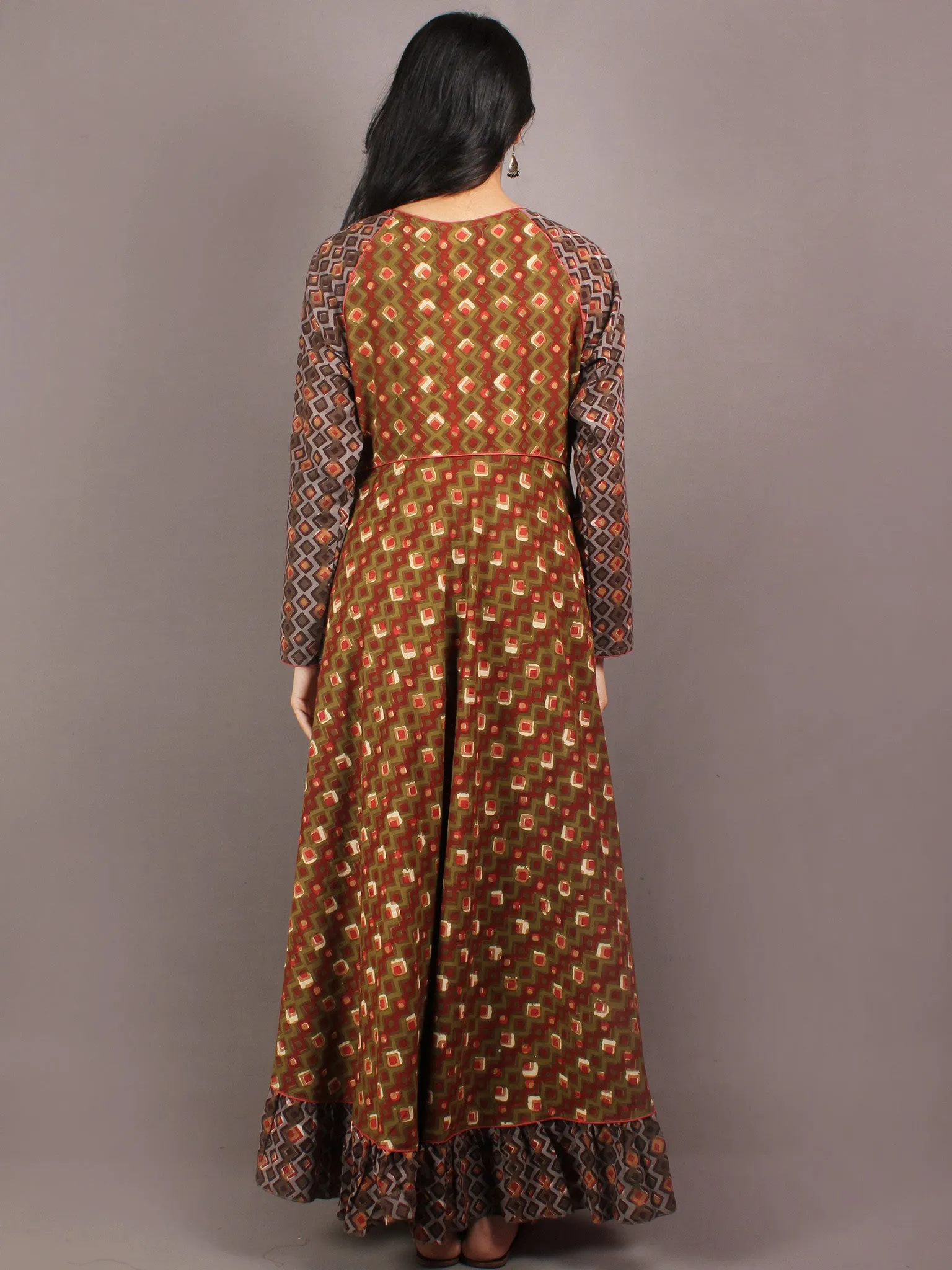 Asparagus Green Maroon Brown Hand Block Printed Long Cotton Dress With Gather - D0617612