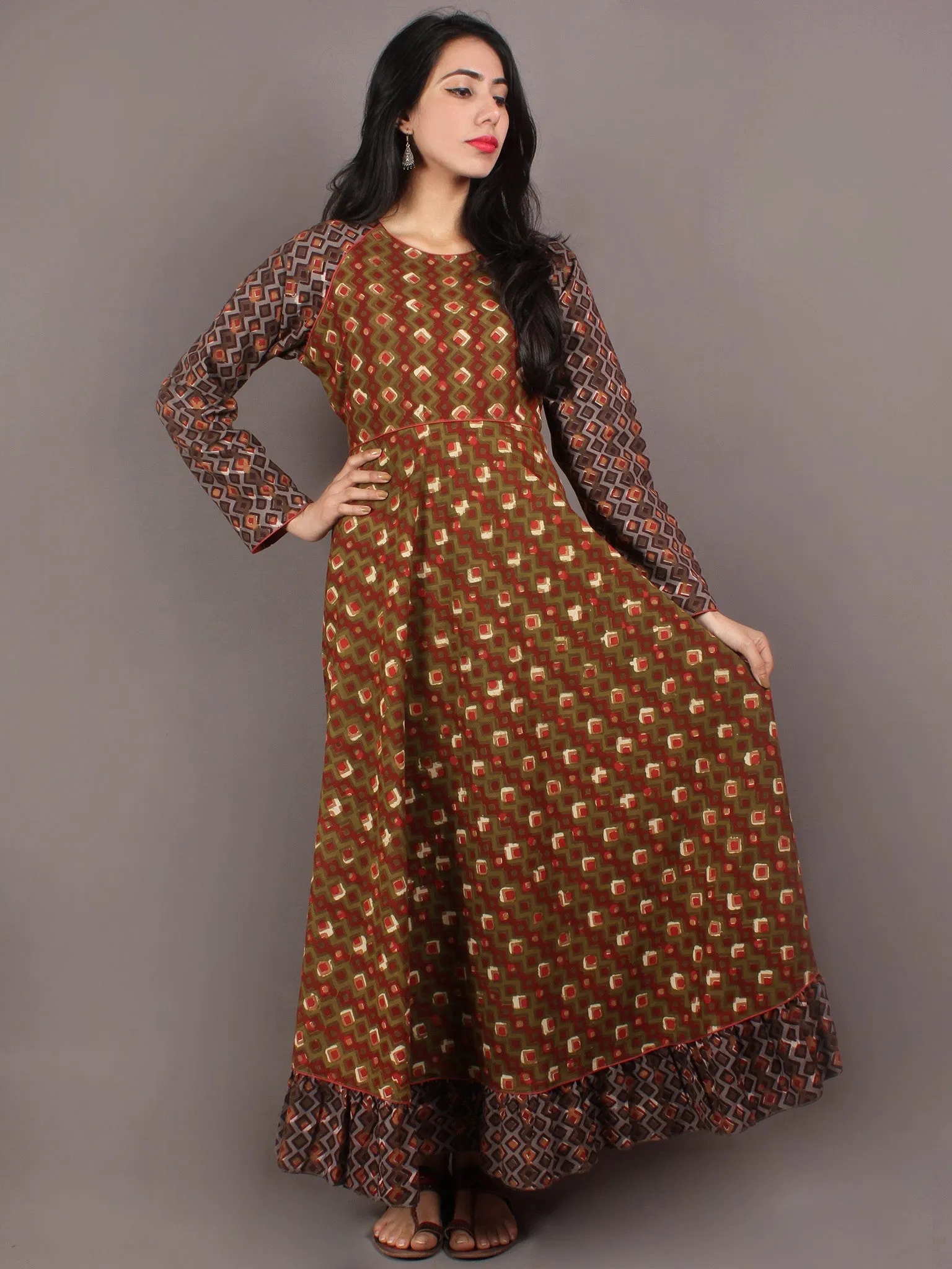 Asparagus Green Maroon Brown Hand Block Printed Long Cotton Dress With Gather - D0617612