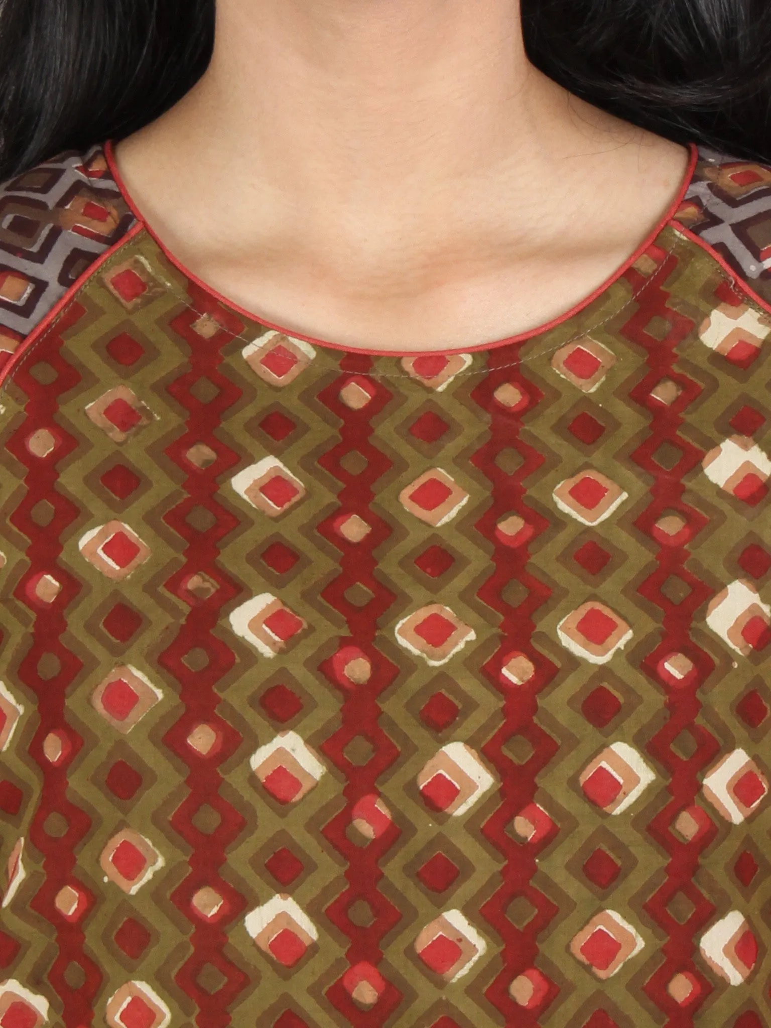 Asparagus Green Maroon Brown Hand Block Printed Long Cotton Dress With Gather - D0617612