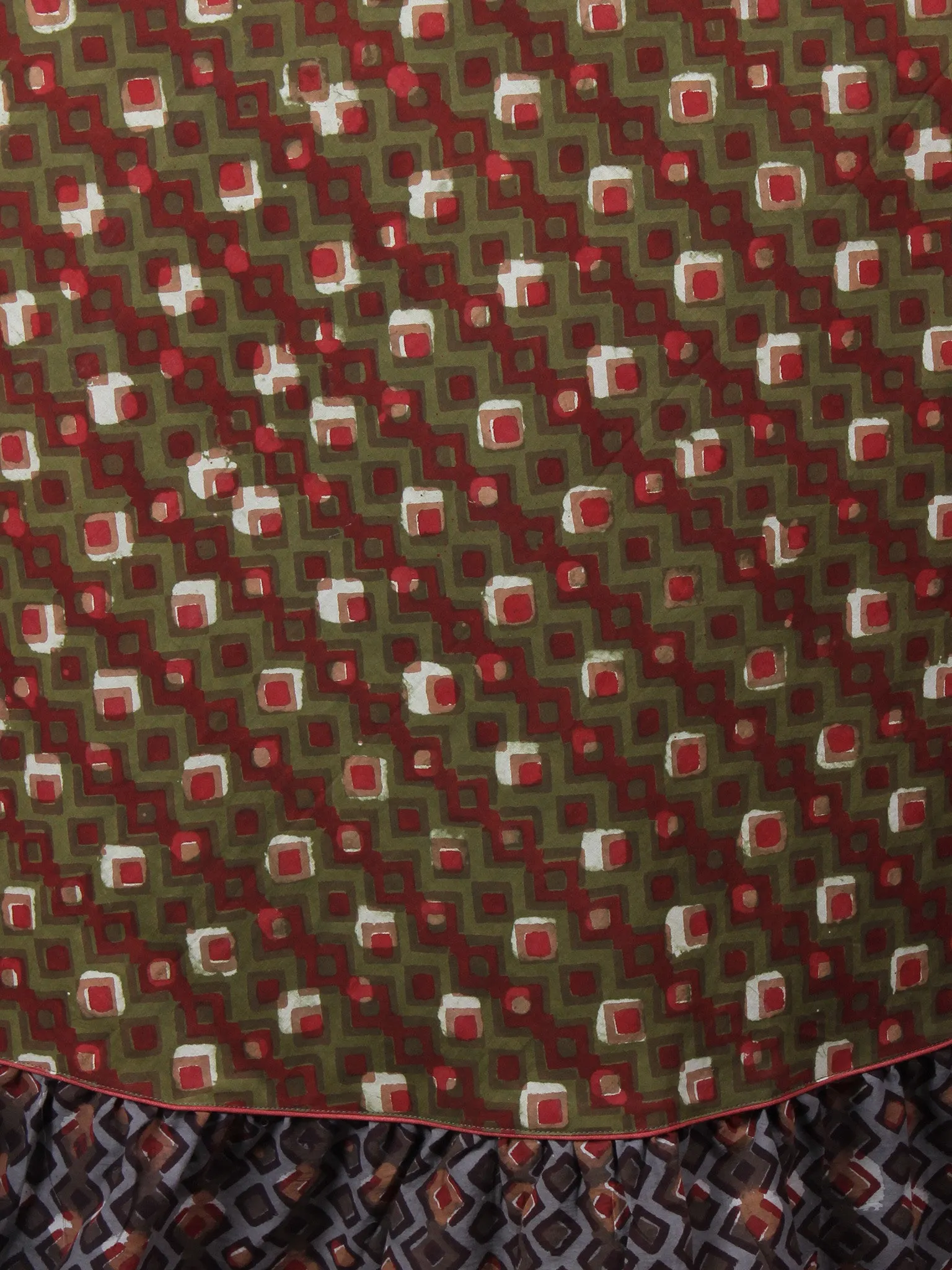 Asparagus Green Maroon Brown Hand Block Printed Long Cotton Dress With Gather - D0617612