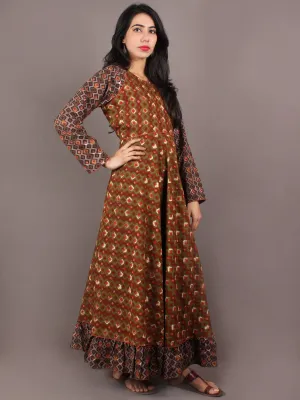 Asparagus Green Maroon Brown Hand Block Printed Long Cotton Dress With Gather - D0617612