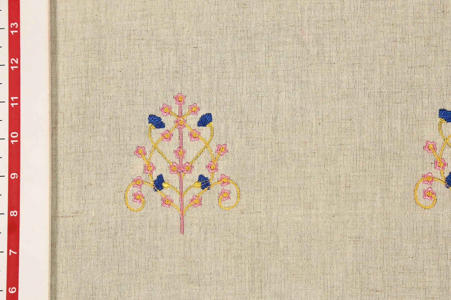 Beige Motifs Embroidered Cotton Flax Fabric