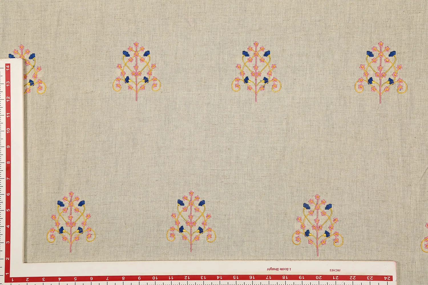 Beige Motifs Embroidered Cotton Flax Fabric
