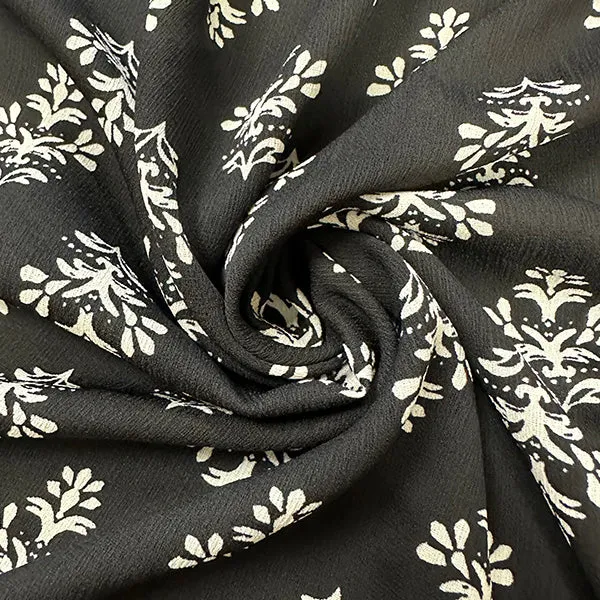 Black and White Floral Medallion Poly Print High Crepe Fabric