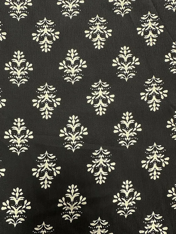 Black and White Floral Medallion Poly Print High Crepe Fabric