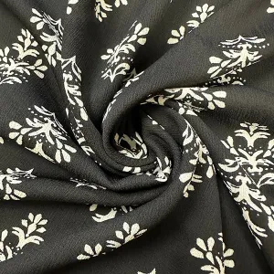 Black and White Floral Medallion Poly Print High Crepe Fabric