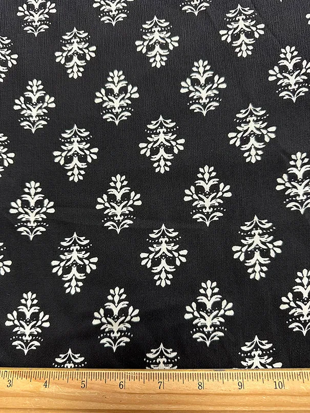 Black and White Floral Medallion Poly Print High Crepe Fabric