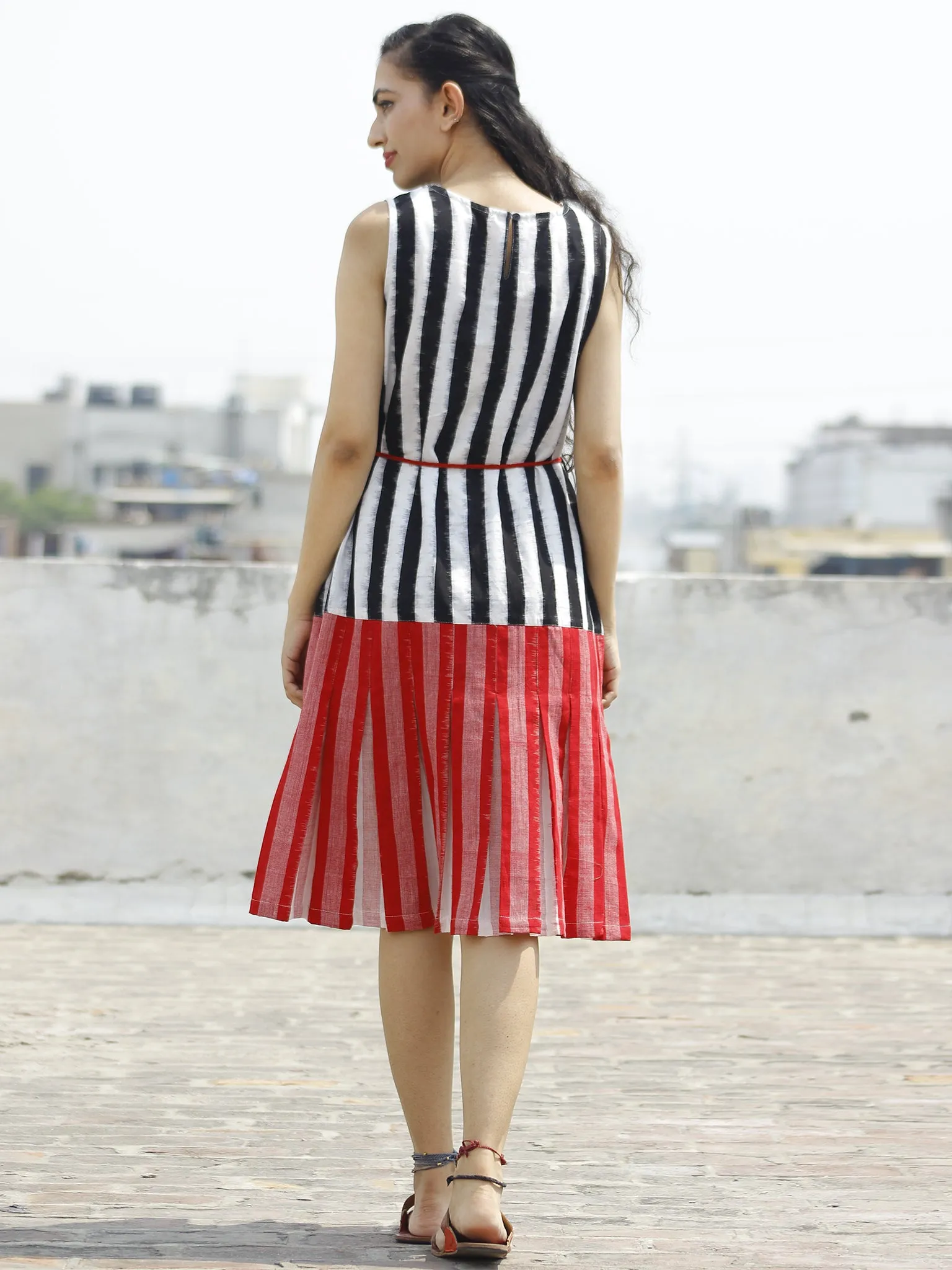 Black Red White Handloom Double Ikat Dress With Tassels & Side Pockets-  D112F763