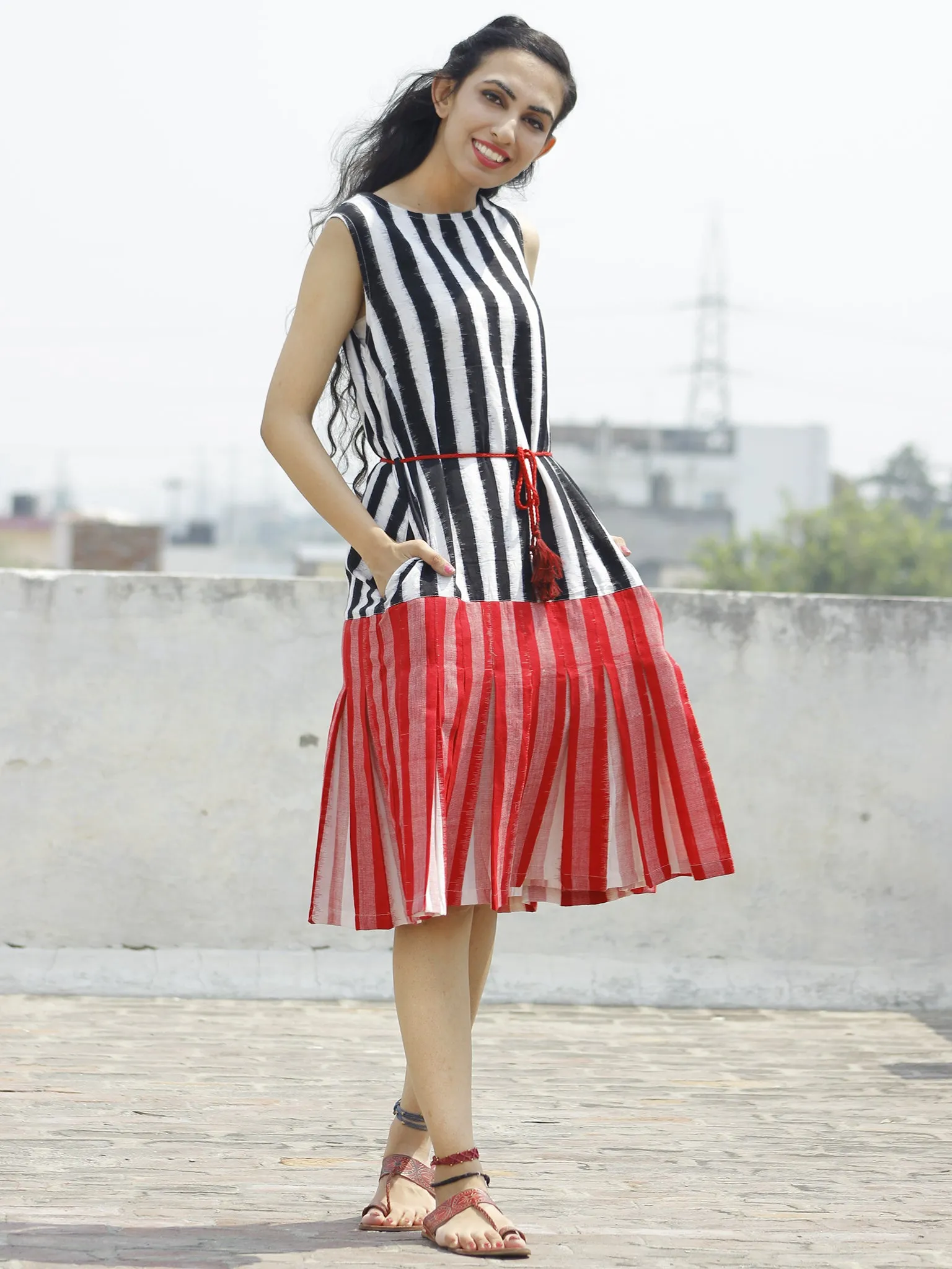 Black Red White Handloom Double Ikat Dress With Tassels & Side Pockets-  D112F763
