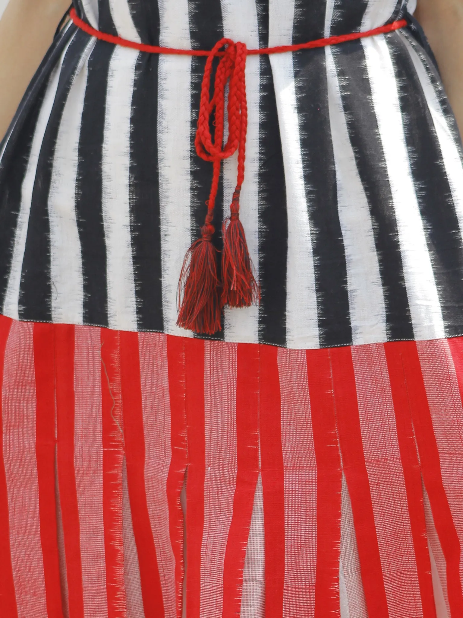 Black Red White Handloom Double Ikat Dress With Tassels & Side Pockets-  D112F763
