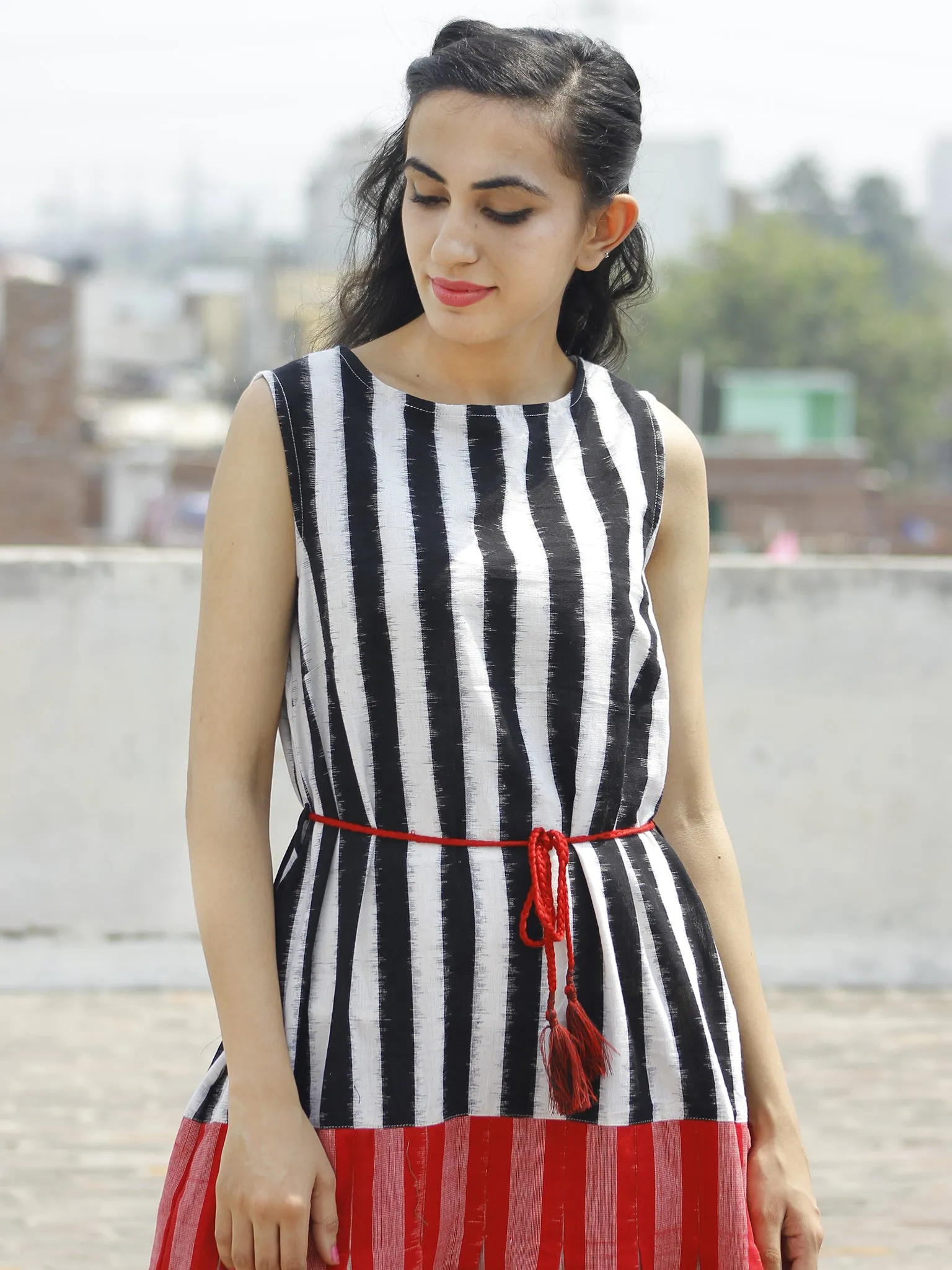 Black Red White Handloom Double Ikat Dress With Tassels & Side Pockets-  D112F763