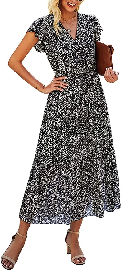 Black Women Summer Bohemian Floral Casual Wrap V Neck Ruffle Cap Sleeveless Belt A-Line Pleated Hem Swing Midi Sun Dress - BTFBM