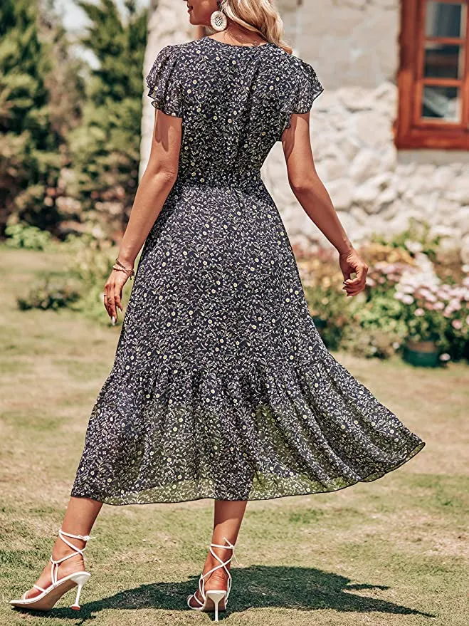 Black Women Summer Bohemian Floral Casual Wrap V Neck Ruffle Cap Sleeveless Belt A-Line Pleated Hem Swing Midi Sun Dress - BTFBM