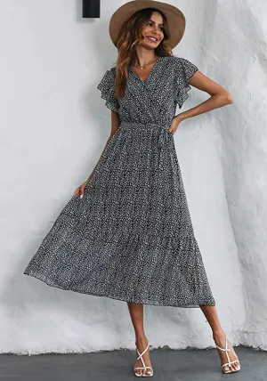 Black Women Summer Bohemian Floral Casual Wrap V Neck Ruffle Cap Sleeveless Belt A-Line Pleated Hem Swing Midi Sun Dress - BTFBM