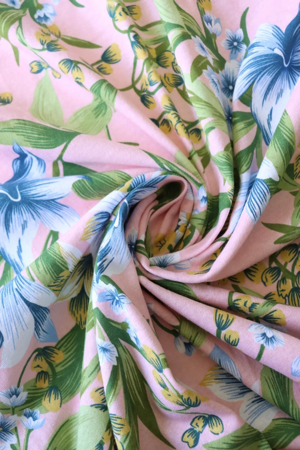 Blue Blossoms on Pink 100% Cotton Jersey