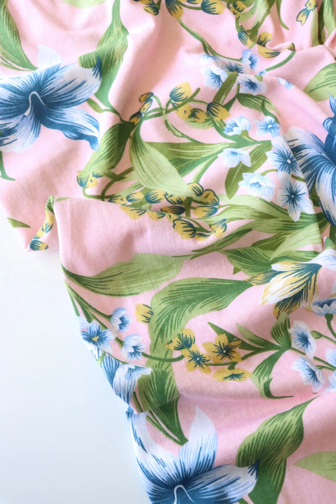 Blue Blossoms on Pink 100% Cotton Jersey