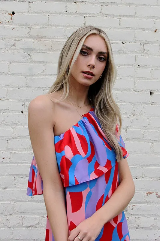 Blue Color Mixer Ruffle One Shoulder Mini Dress