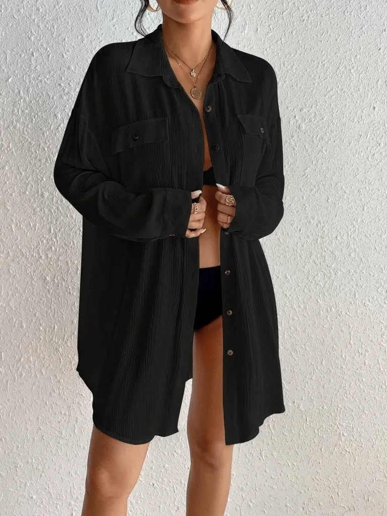 Button-Down Long Sleeve Beach Skirt Cover Up