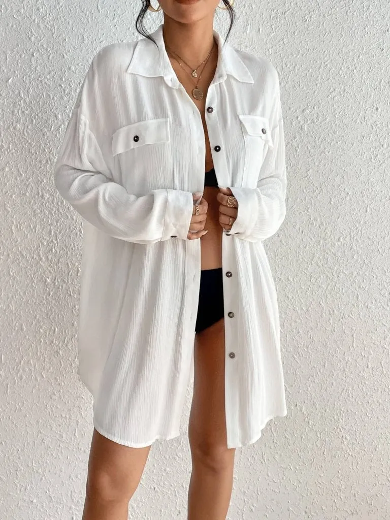 Button-Down Long Sleeve Beach Skirt Cover Up