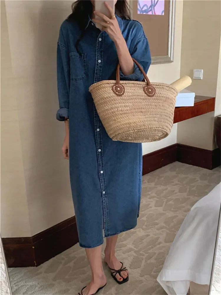 Casual Denim Shirt Dress Loose Long Sleeve Cardigan Dress