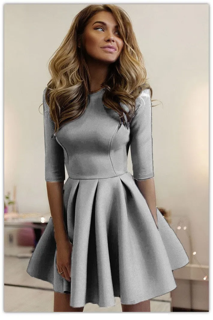 Clearance Pure Color Half Sleeves Scoop Pleated Short Dress