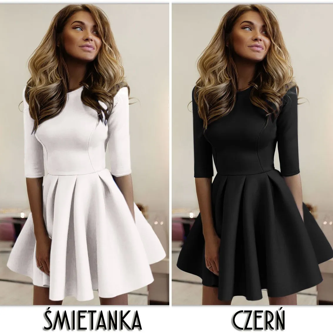 Clearance Pure Color Half Sleeves Scoop Pleated Short Dress