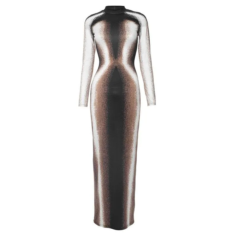 Contrast high neck long sleeve slit maxi dress