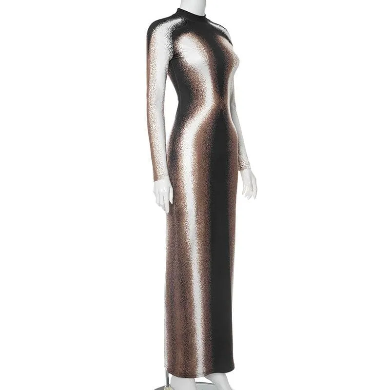 Contrast high neck long sleeve slit maxi dress