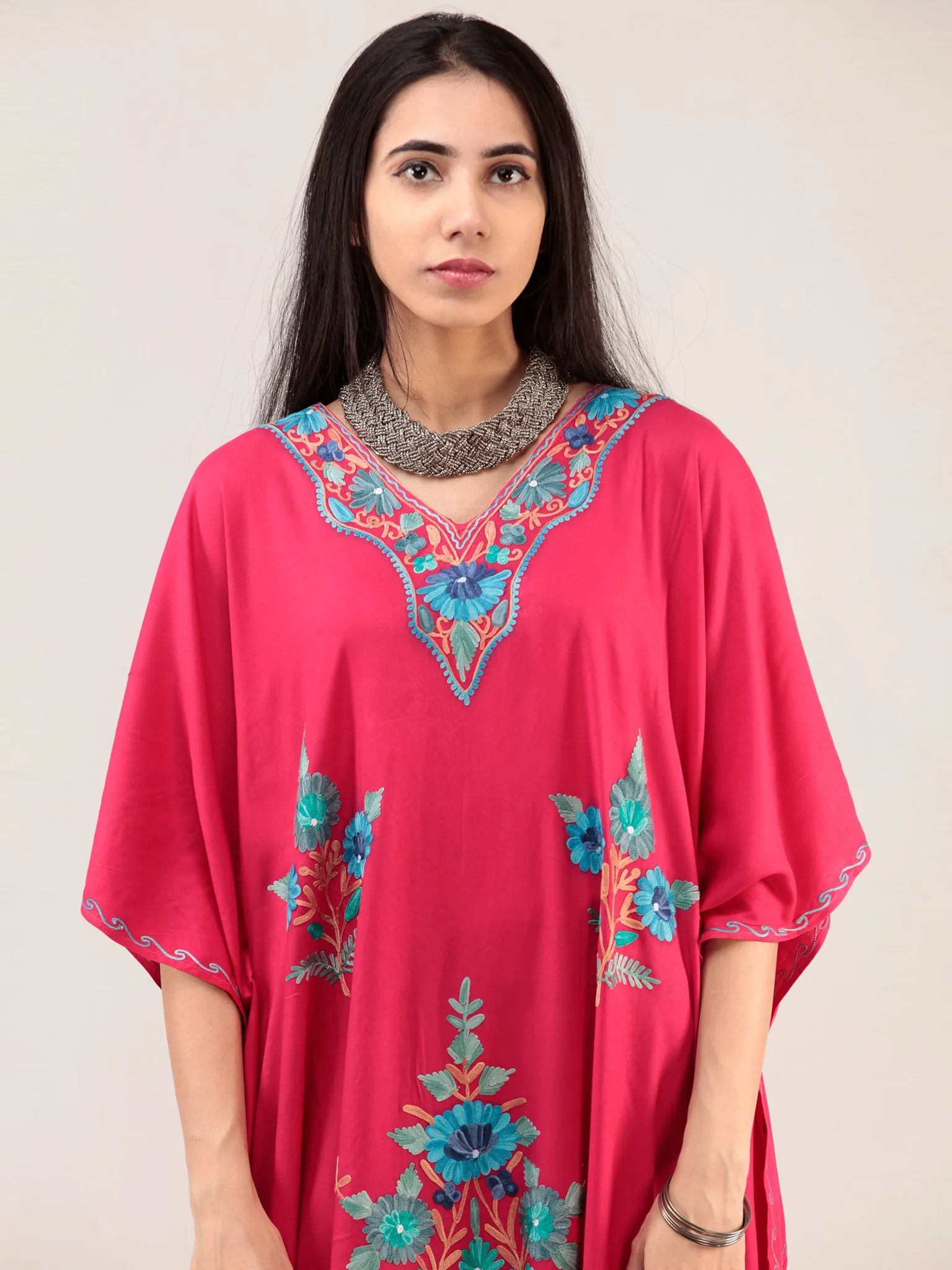 Coral Aari Embroidered Kashmere Free Size Kaftan  - K12K035