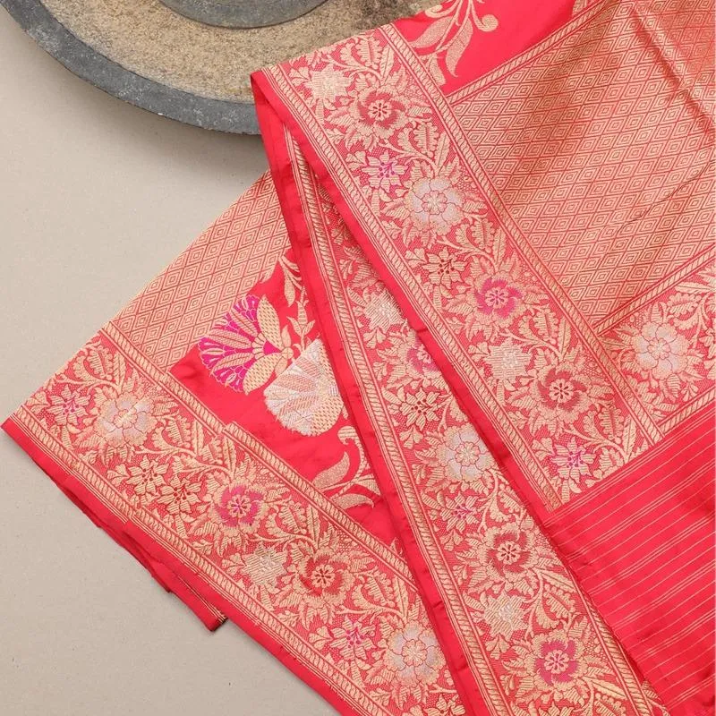 Coral Pink Floral Banarasi Silk Dupatta