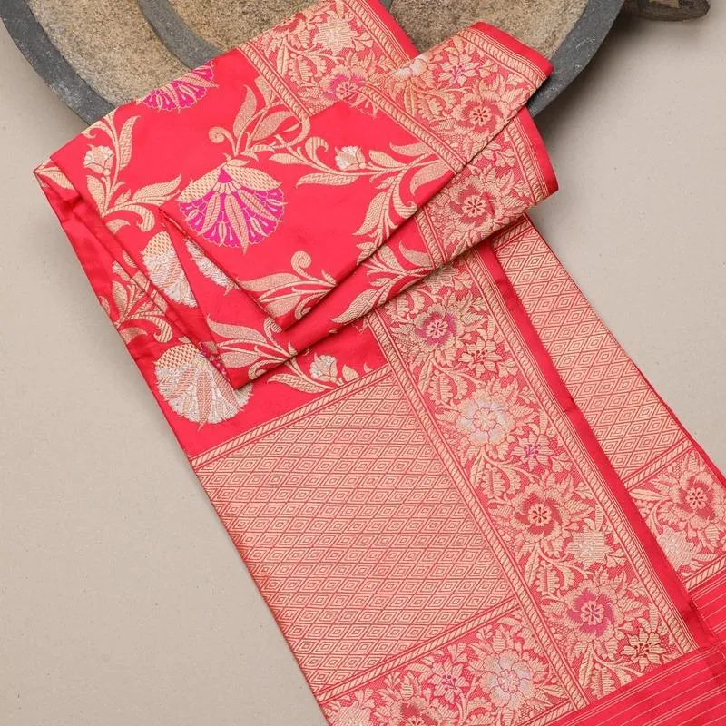 Coral Pink Floral Banarasi Silk Dupatta
