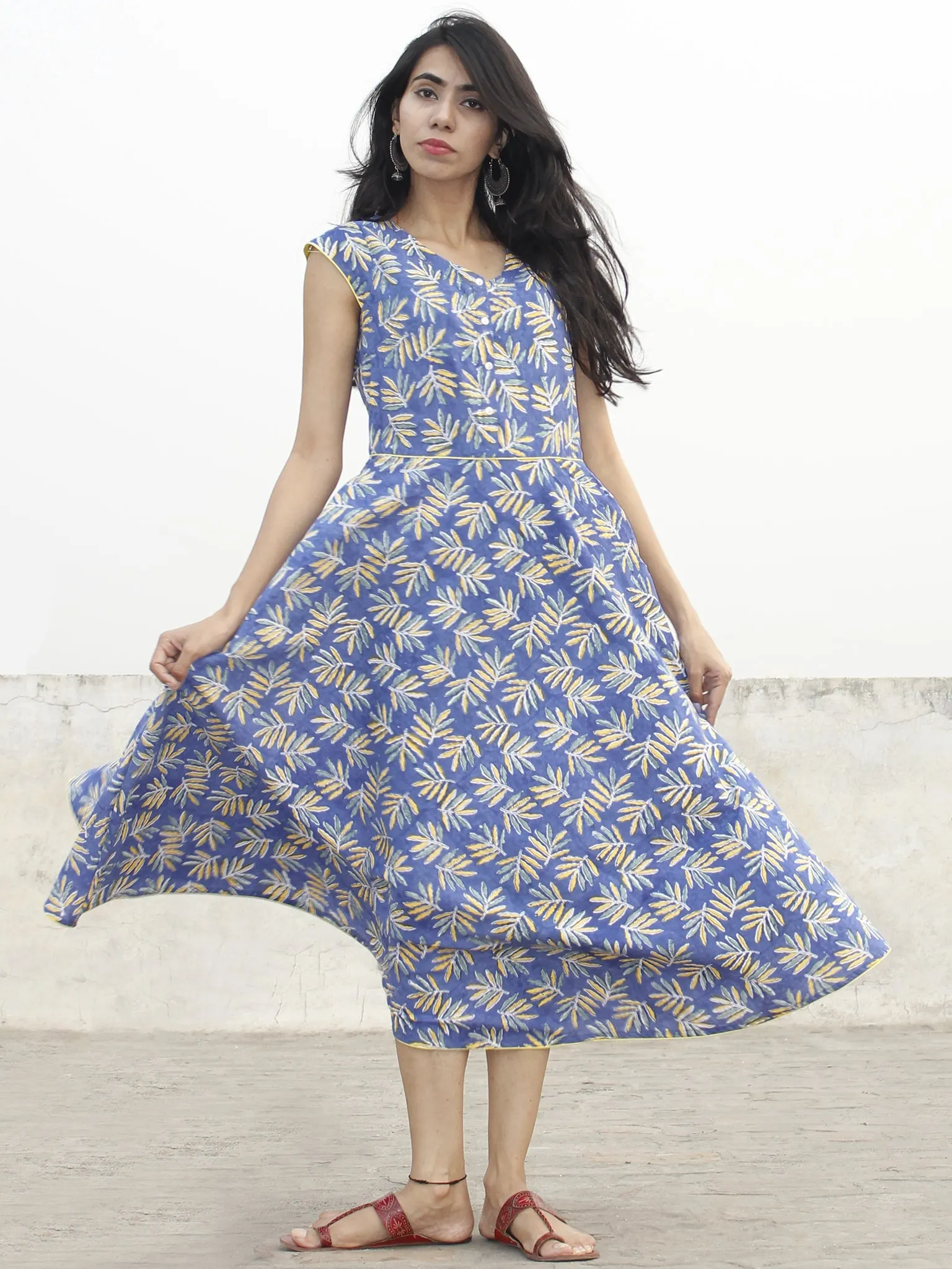 Cornflower Blue Yellow Green White Hand Block Printed Cotton Midi Dress  - D153F1067