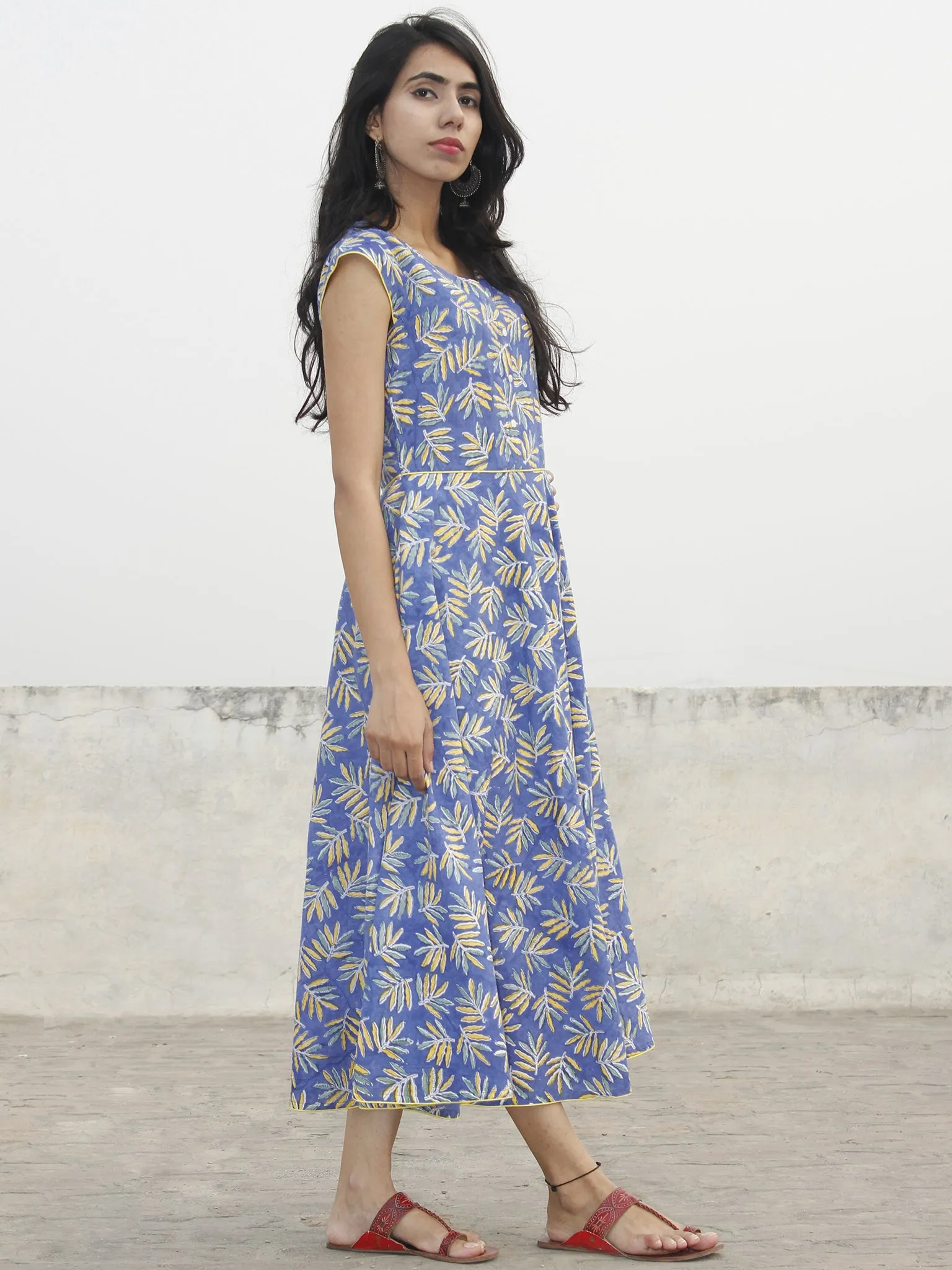 Cornflower Blue Yellow Green White Hand Block Printed Cotton Midi Dress  - D153F1067