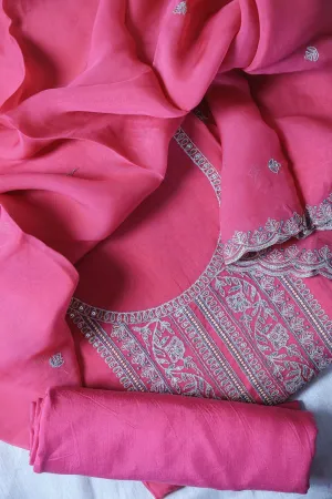 Dark Pink Semi Stitched Pure Organza Suit Set (3 piece)