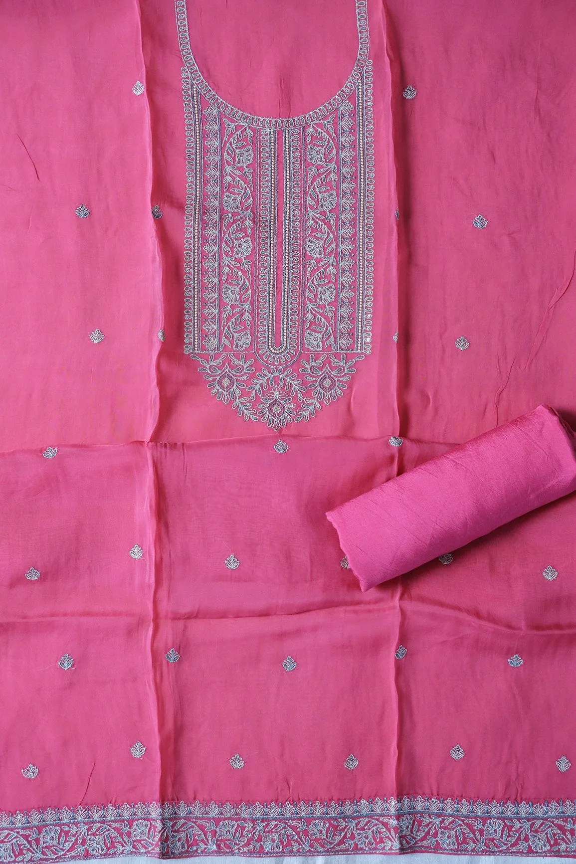 Dark Pink Semi Stitched Pure Organza Suit Set (3 piece)