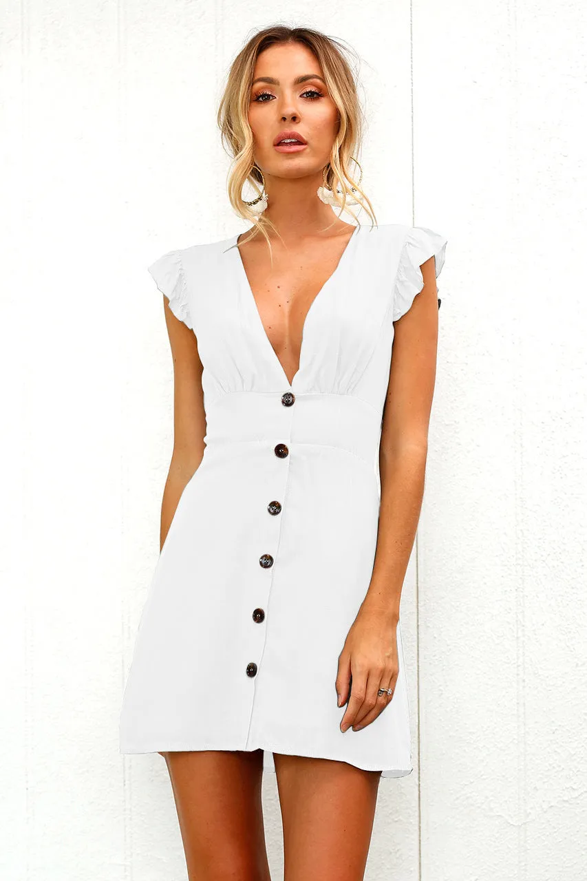 Deep V-neck Buttons Women Short Dress