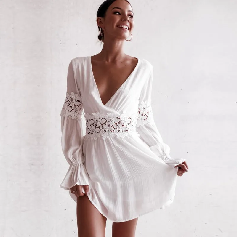 Deep V-neck Lace Patchwork Long Trumpet Sleeves Women Short White Dress
