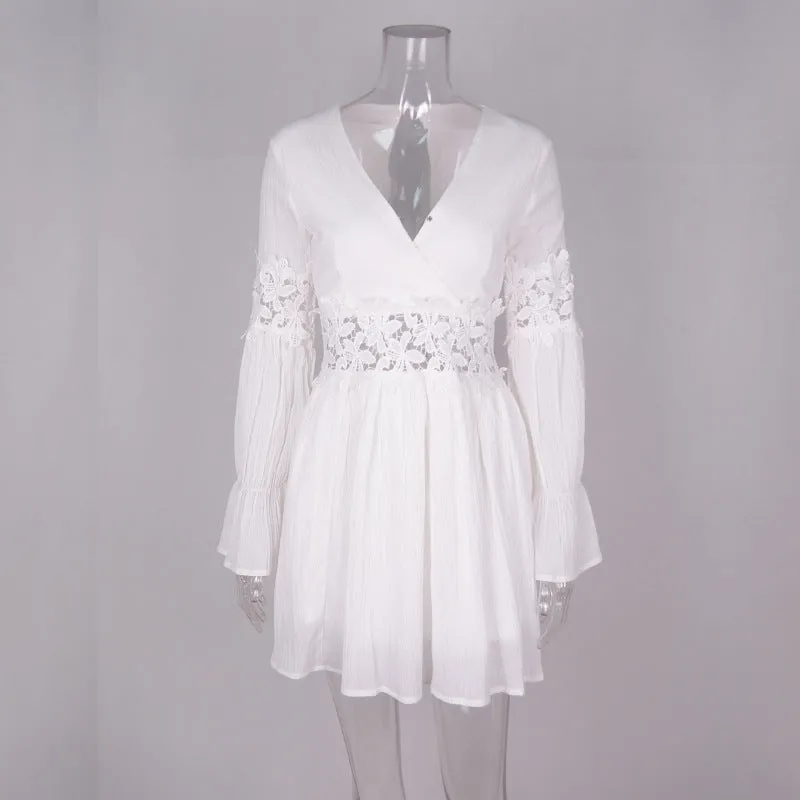 Deep V-neck Lace Patchwork Long Trumpet Sleeves Women Short White Dress
